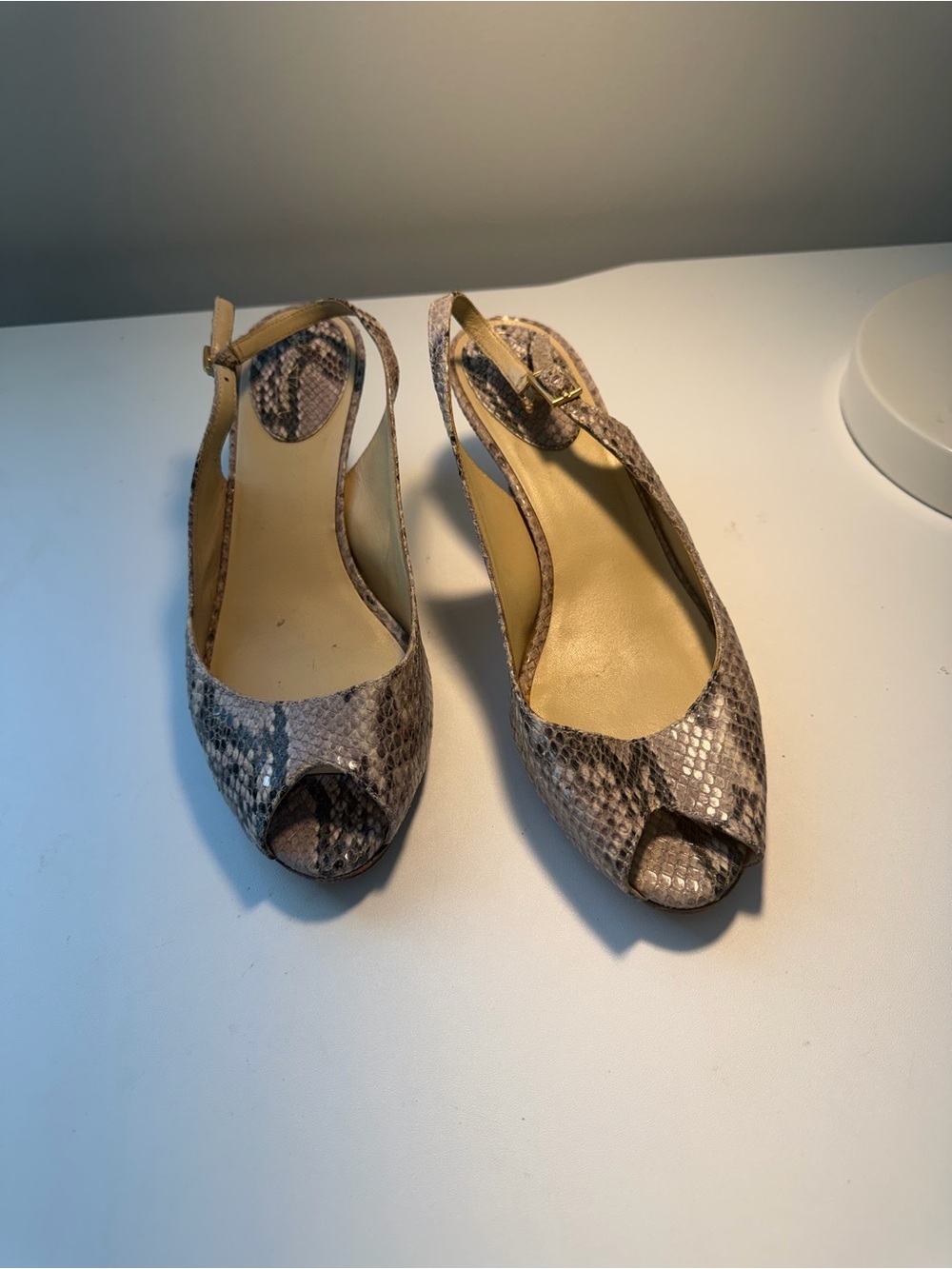 Cole Haan Taupe Snake-Print Peep-Toe Slingback Mules
